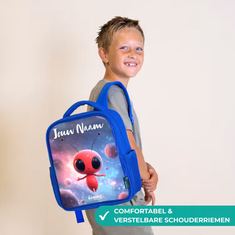 Kinderrugzak met naam - Blauw - Rood Ruimtewezen in Kosmische Dans — 4