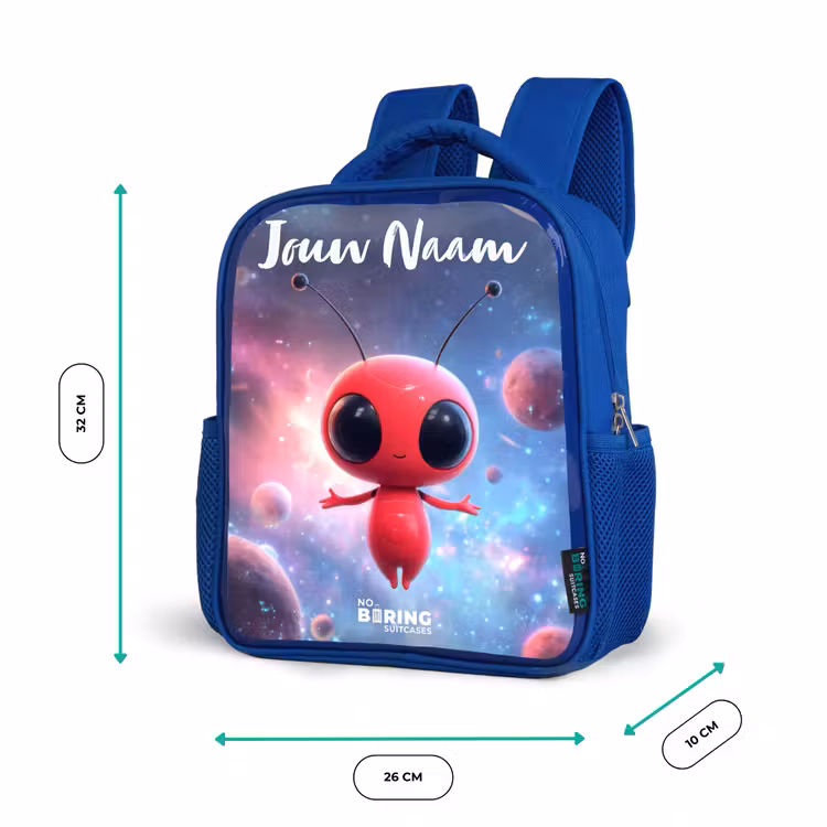 Kinderrugzak met naam - Blauw - Rood Ruimtewezen in Kosmische Dans — 5