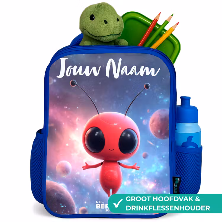 Kinderrugzak met naam - Blauw - Rood Ruimtewezen in Kosmische Dans — 6