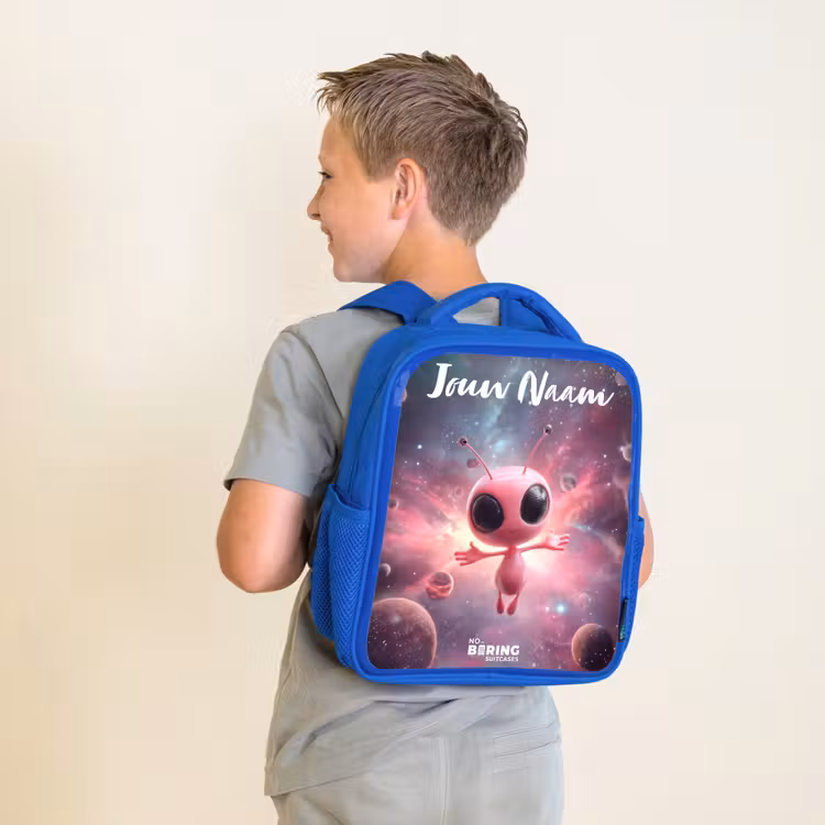 Kinderrugzak met naam - Blauw - Roze Alien in Sterrennevel — 3