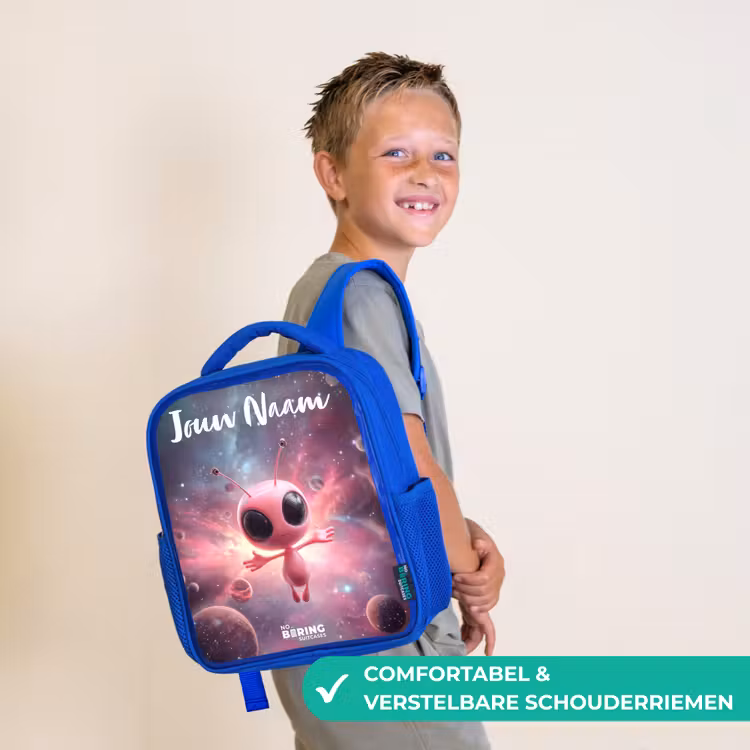 Kinderrugzak met naam - Blauw - Roze Alien in Sterrennevel — 4