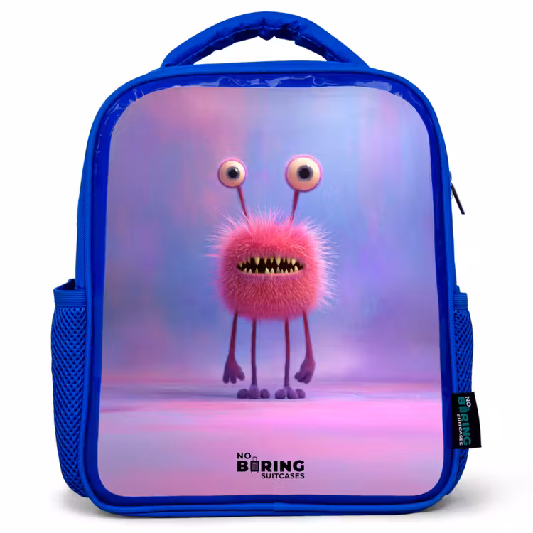 Kinderrugzak - Blauw - Roze harig monster met grote ogen — 1