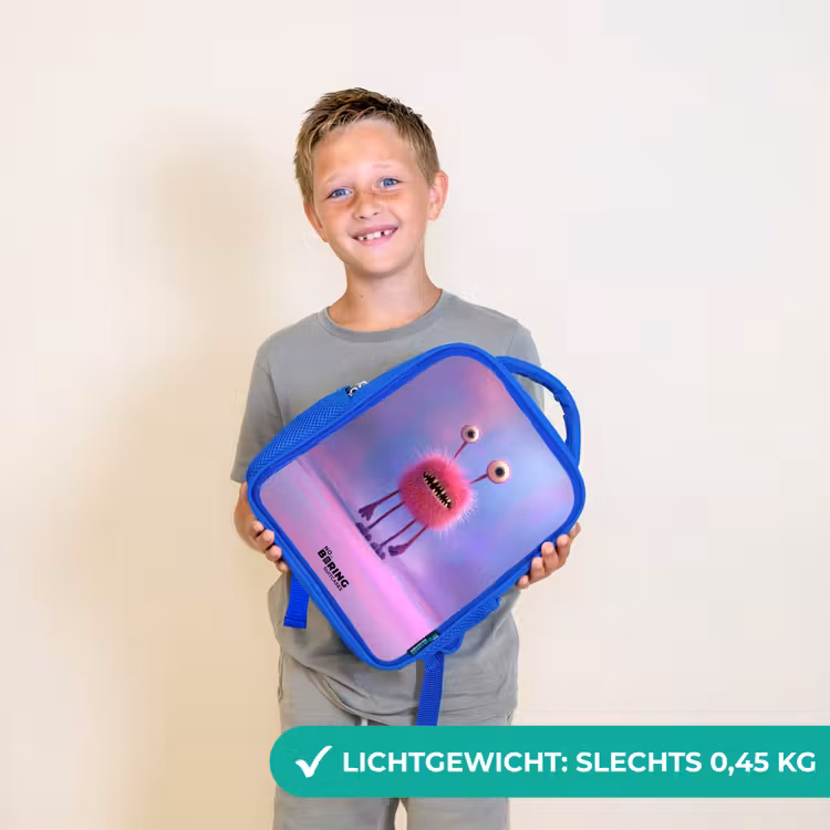 Kinderrugzak - Blauw - Roze harig monster met grote ogen — 2