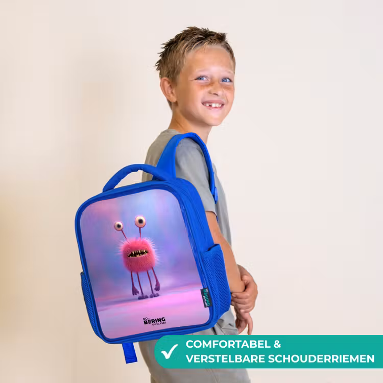 Kinderrugzak - Blauw - Roze harig monster met grote ogen — 4