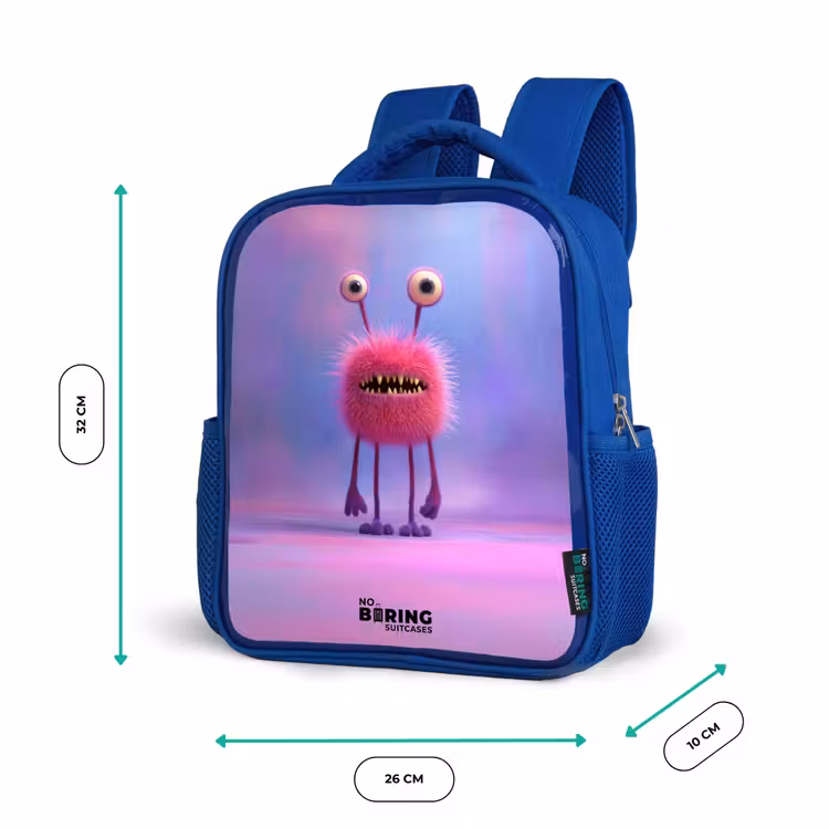 Kinderrugzak - Blauw - Roze harig monster met grote ogen — 5