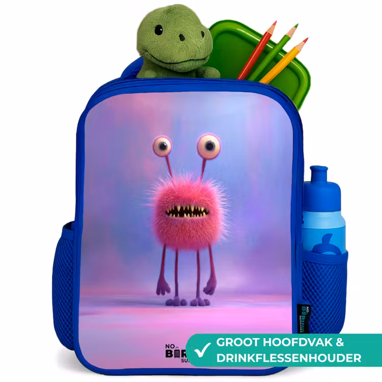 Kinderrugzak - Blauw - Roze harig monster met grote ogen — 6