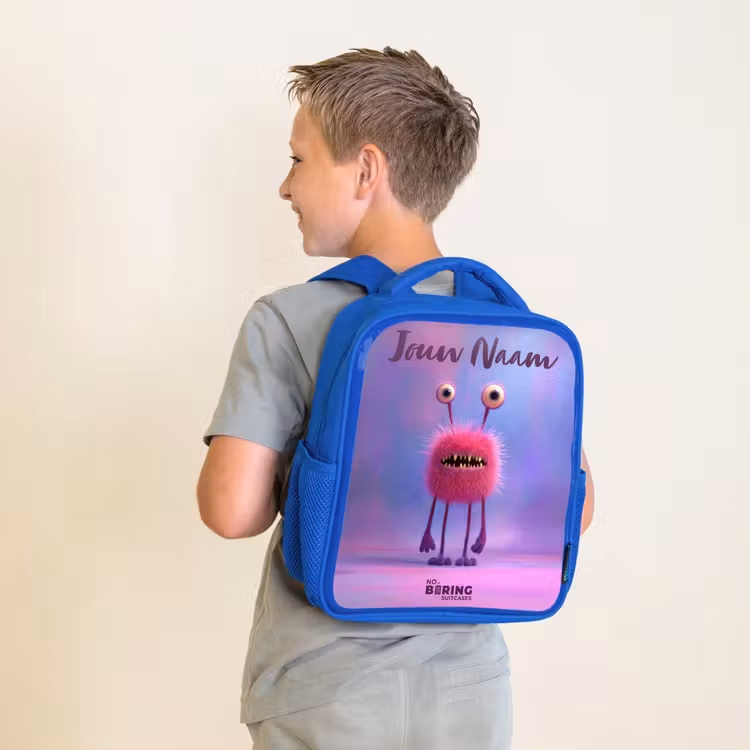 Kinderrugzak met naam - Blauw - Roze harig monster met grote ogen β 3