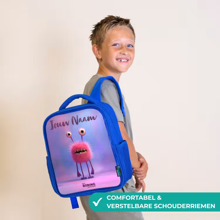 Kinderrugzak met naam - Blauw - Roze harig monster met grote ogen β 4