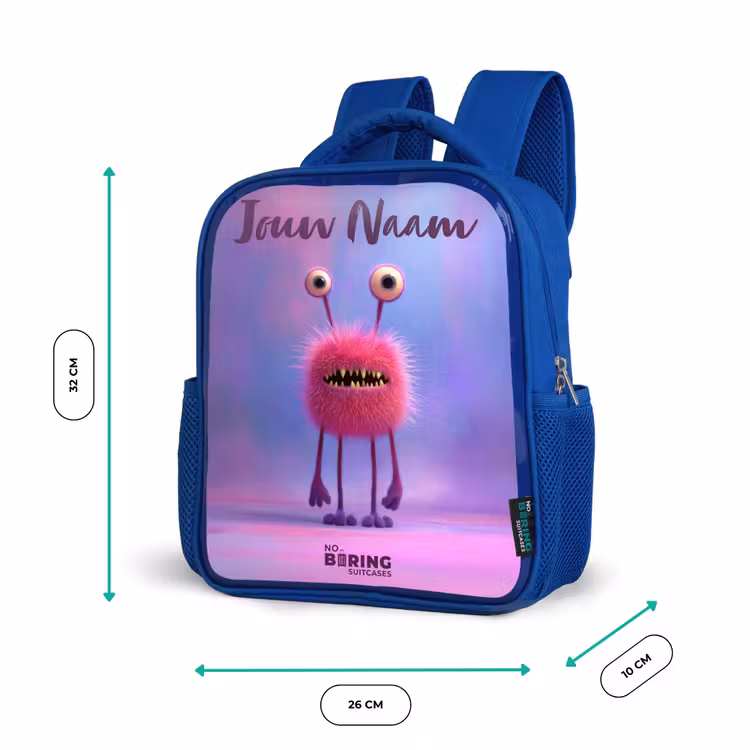 Kinderrugzak met naam - Blauw - Roze harig monster met grote ogen β 5