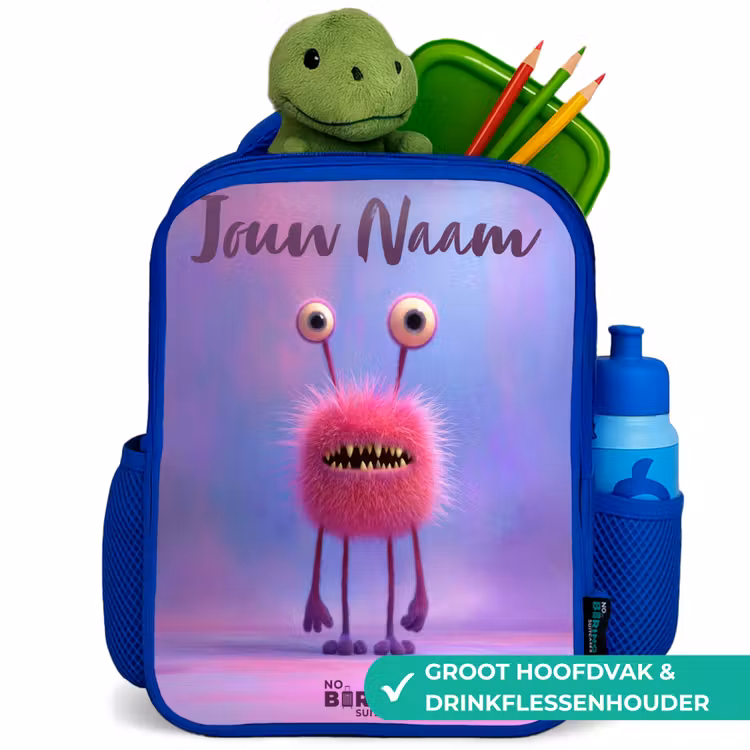 Kinderrugzak met naam - Blauw - Roze harig monster met grote ogen β 6