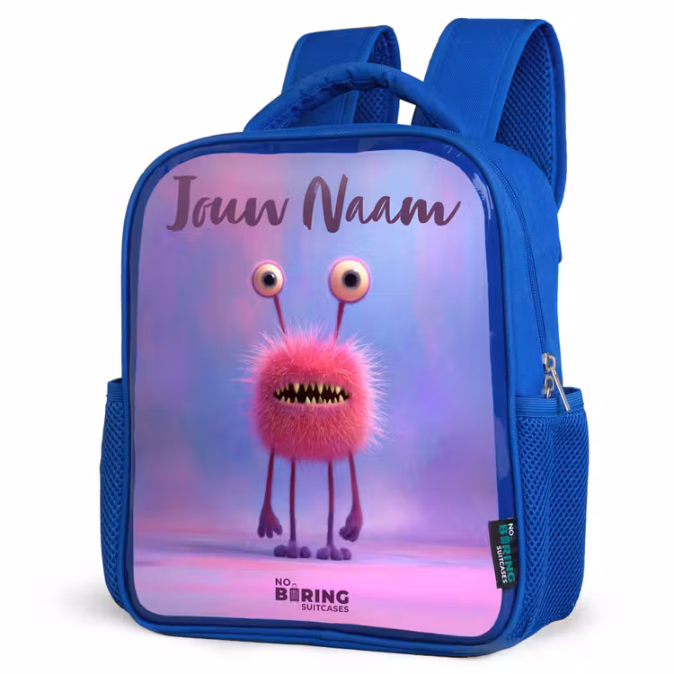 Kinderrugzak met naam - Blauw - Roze harig monster met grote ogen β 7