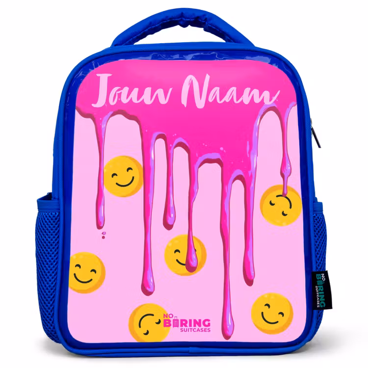 Kinderrugzak met naam - Blauw - Verf - Smiley - Roze — 1