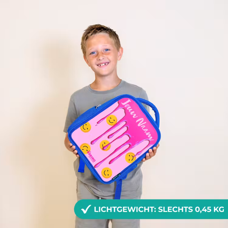 Kinderrugzak met naam - Blauw - Verf - Smiley - Roze — 2