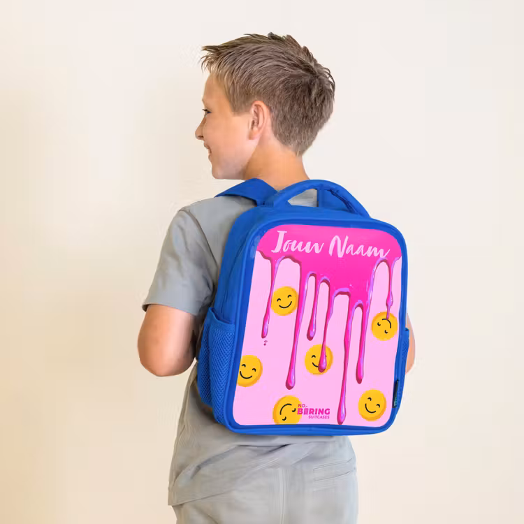 Kinderrugzak met naam - Blauw - Verf - Smiley - Roze — 3
