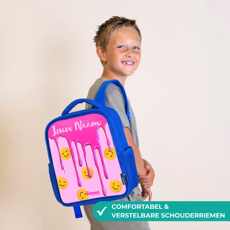 Kinderrugzak met naam - Blauw - Verf - Smiley - Roze — 4