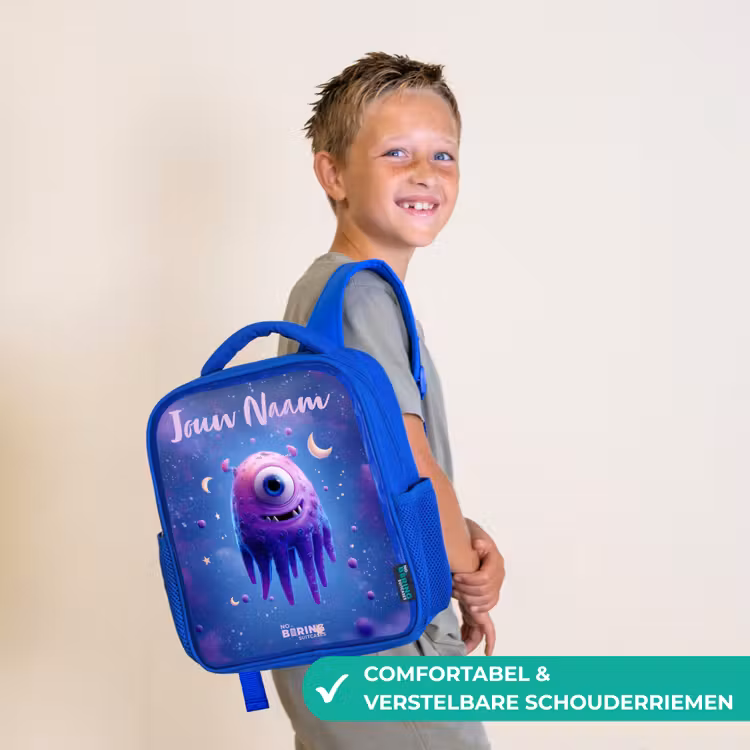 Kinderrugzak met naam - Blauw - Vrolijk paarsoog in de ruimte β 4