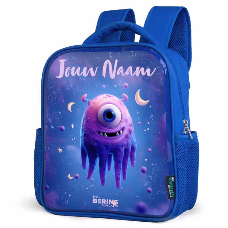 Kinderrugzak met naam - Blauw - Vrolijk paarsoog in de ruimte β 7