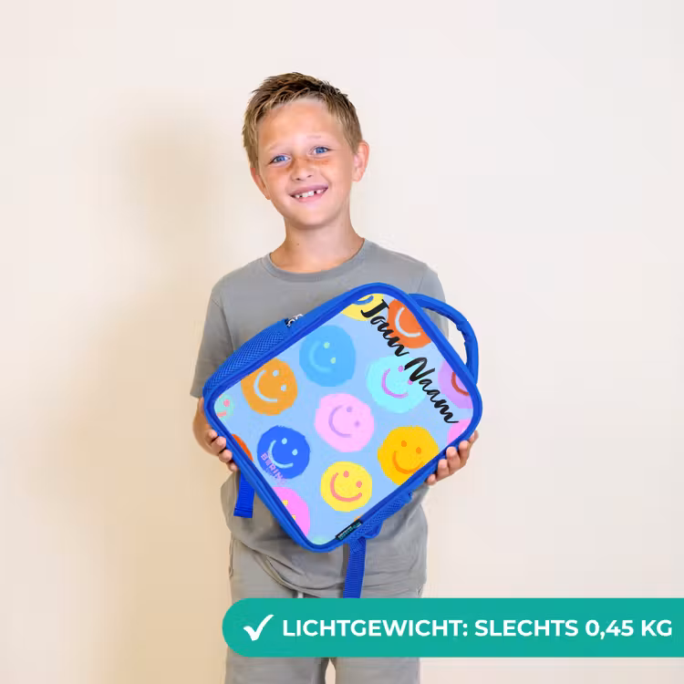 Kinderrugzak met naam - Blauw - Vrolijk patroon van smileys — 2