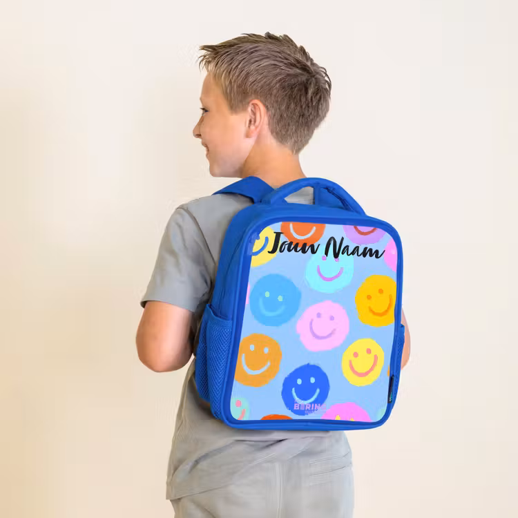 Kinderrugzak met naam - Blauw - Vrolijk patroon van smileys — 3