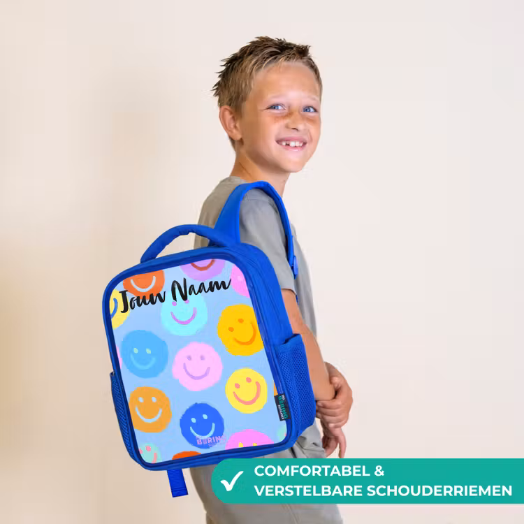 Kinderrugzak met naam - Blauw - Vrolijk patroon van smileys — 4