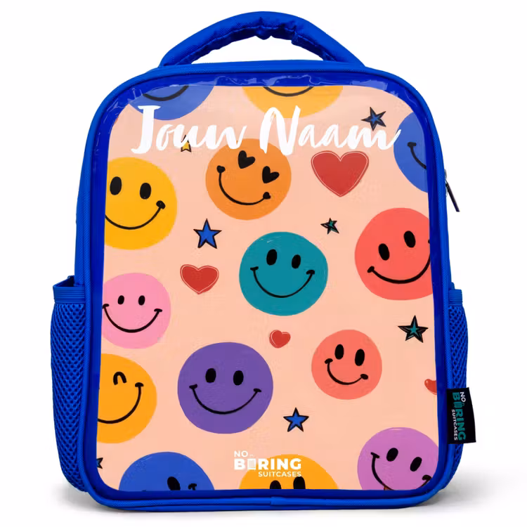 Kinderrugzak met naam - Blauw - Vrolijk Smiley-patroon — 1