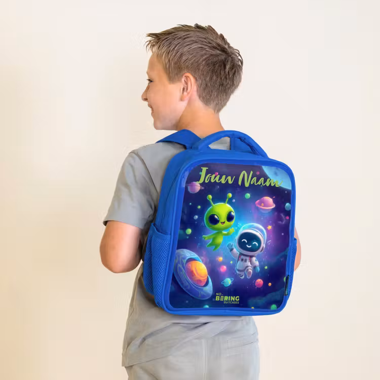 Kinderrugzak met naam - Blauw - Vrolijke Ontmoeting in de Ruimte — 3