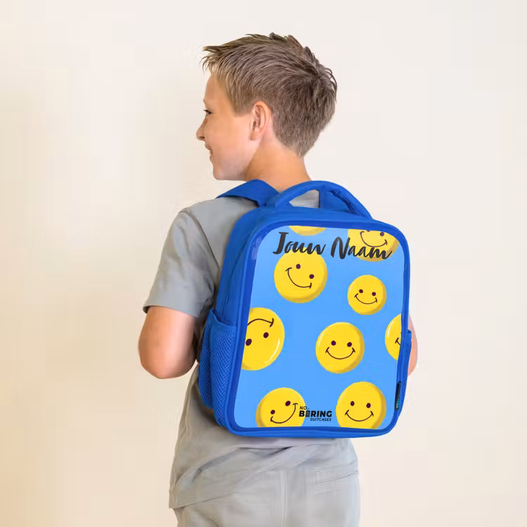 Kinderrugzak met naam - Blauw - Vrolijke smileyregen β 3