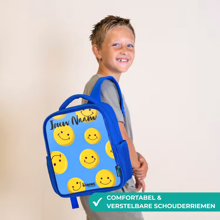 Kinderrugzak met naam - Blauw - Vrolijke smileyregen β 4