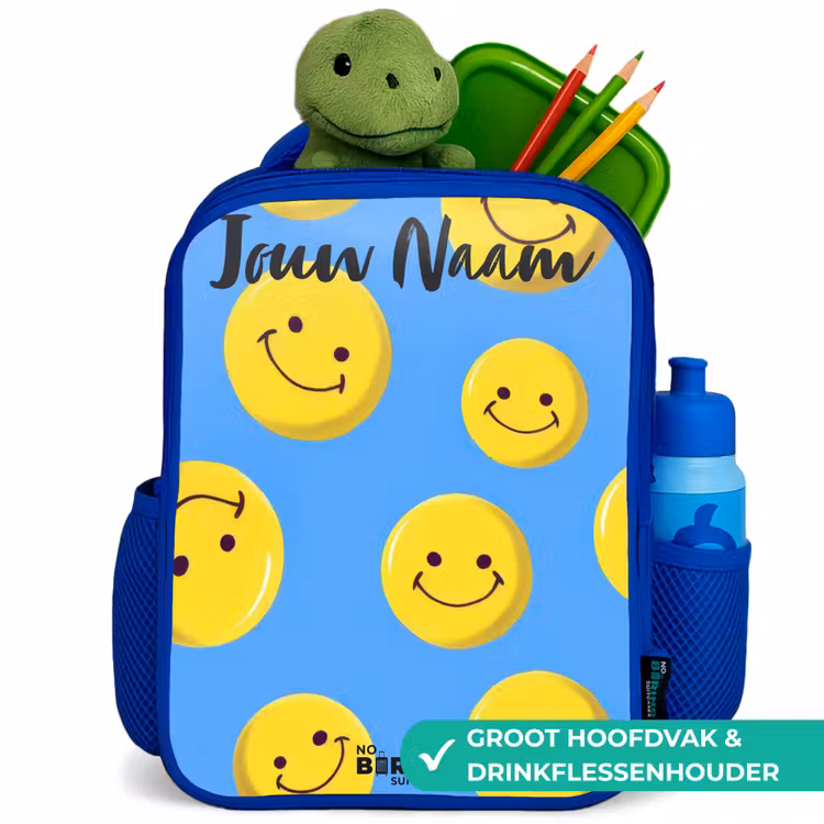 Kinderrugzak met naam - Blauw - Vrolijke smileyregen β 6