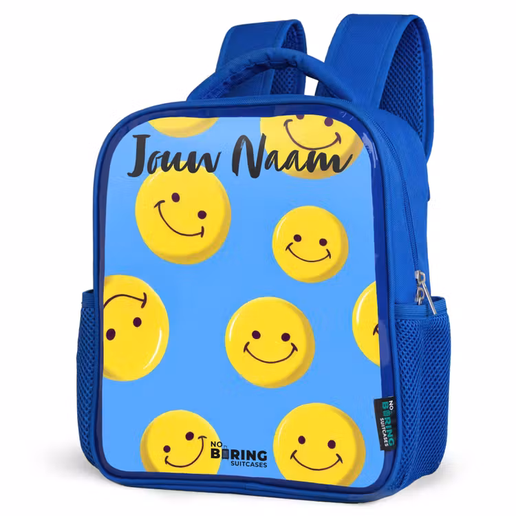 Kinderrugzak met naam - Blauw - Vrolijke smileyregen β 7