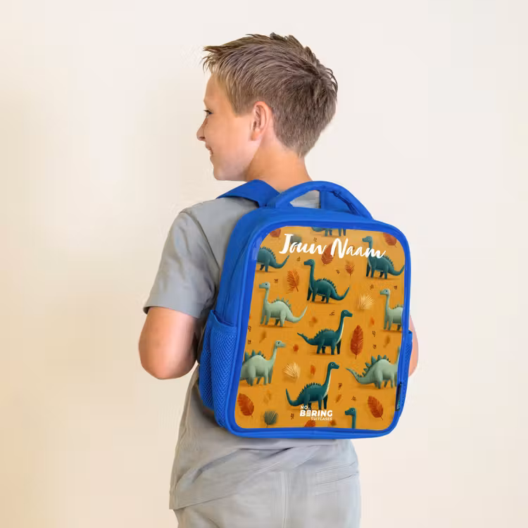 Kinderrugzak met naam - Blauw - Dino - Dieren - Patroon — 3