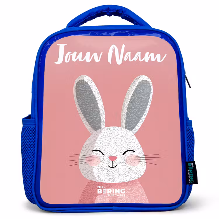 Kinderrugzak met naam - Blauw - Konijn - Blosje - Stippen - Roze — 1