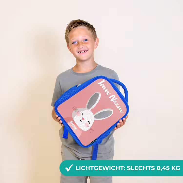 Kinderrugzak met naam - Blauw - Konijn - Blosje - Stippen - Roze — 2