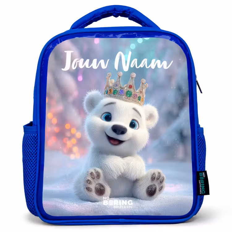 Kinderrugzak met naam - Blauw - Ijsbeer - Kroon - Winter — 1