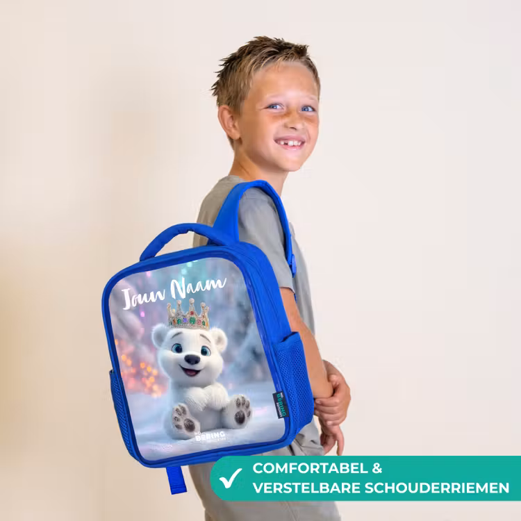 Kinderrugzak met naam - Blauw - Ijsbeer - Kroon - Winter — 4