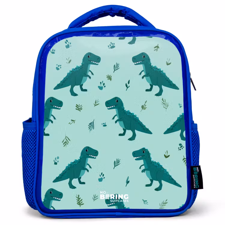 Kinderrugzak - Blauw - Vriendelijke T. rex tussen sporen — 1