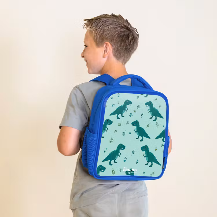 Kinderrugzak - Blauw - Vriendelijke T. rex tussen sporen — 3
