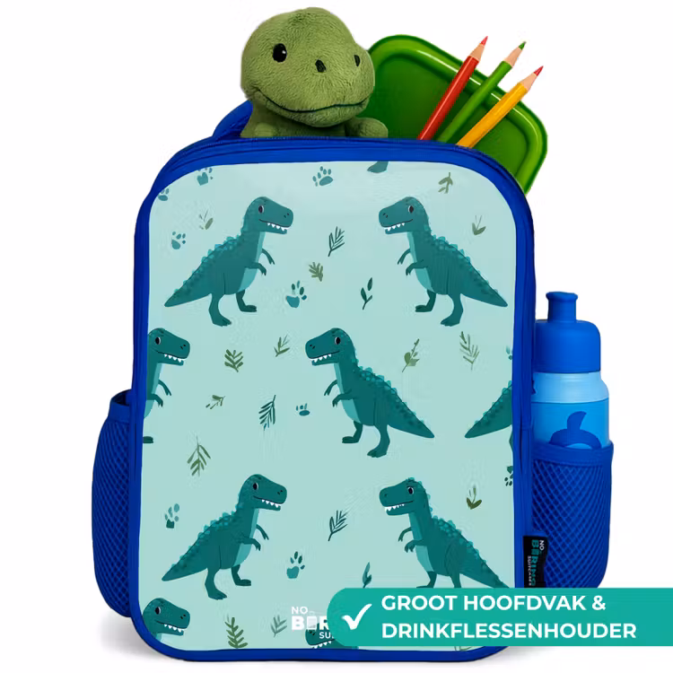 Kinderrugzak - Blauw - Vriendelijke T. rex tussen sporen — 6