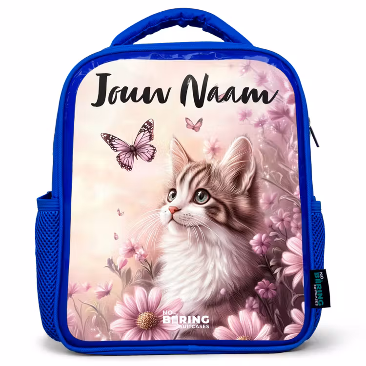 Kinderrugzak met naam - Blauw - Kitten - Vlinders - Paars - Bloemen β 1