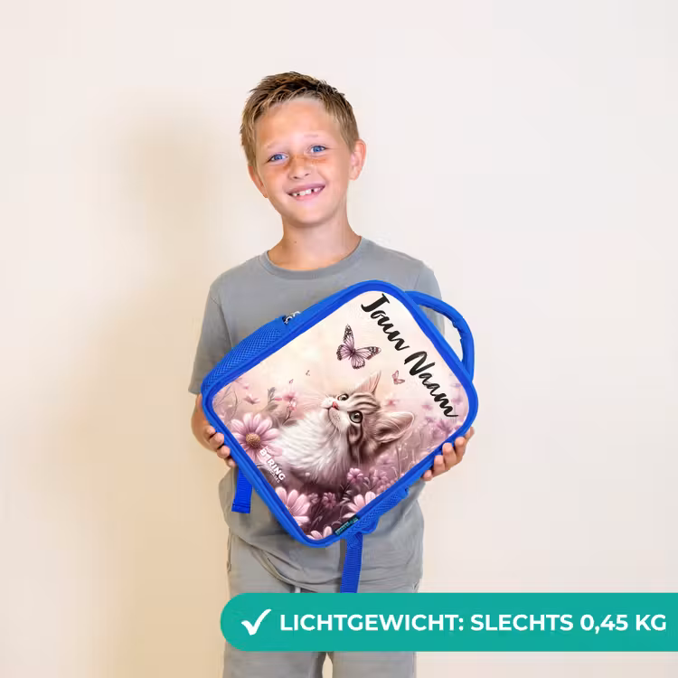 Kinderrugzak met naam - Blauw - Kitten - Vlinders - Paars - Bloemen β 2