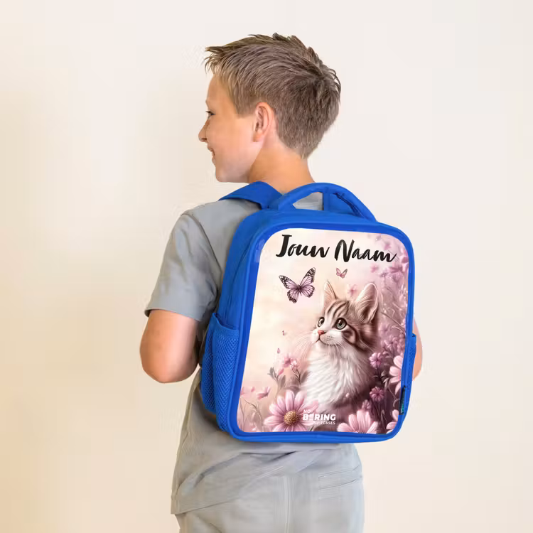 Kinderrugzak met naam - Blauw - Kitten - Vlinders - Paars - Bloemen β 3