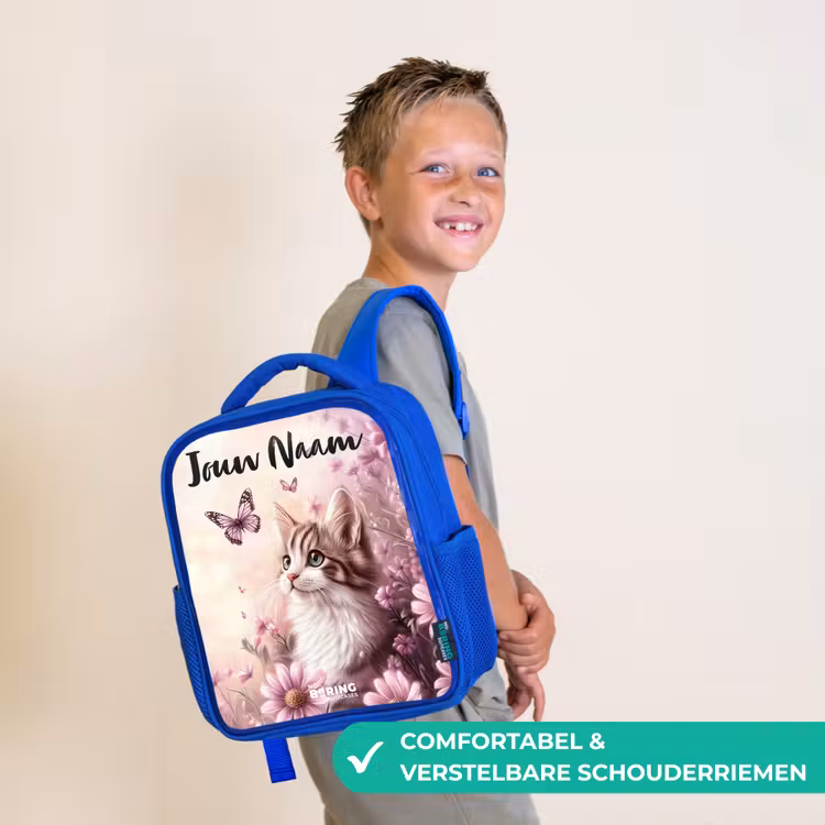 Kinderrugzak met naam - Blauw - Kitten - Vlinders - Paars - Bloemen β 4