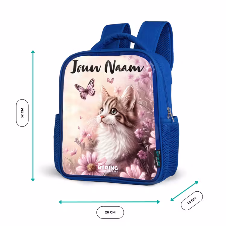 Kinderrugzak met naam - Blauw - Kitten - Vlinders - Paars - Bloemen β 5