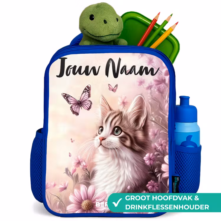 Kinderrugzak met naam - Blauw - Kitten - Vlinders - Paars - Bloemen β 6