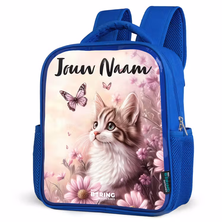 Kinderrugzak met naam - Blauw - Kitten - Vlinders - Paars - Bloemen β 7