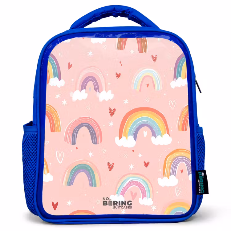 Kinderrugzak - Blauw - Regenbogen op een roze achtergrond — 1