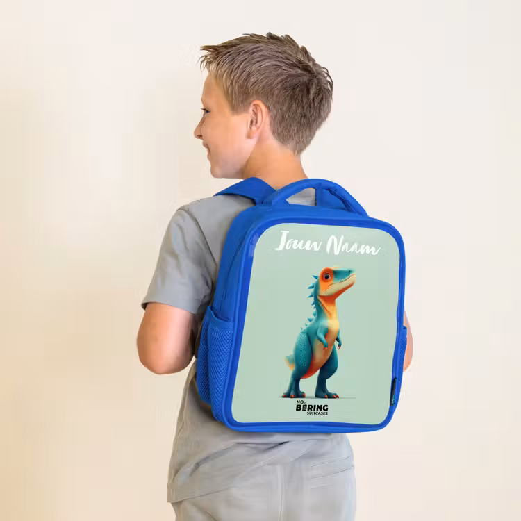 Kinderrugzak met naam - Blauw - Dino - Dier - Groen - Oranje — 3