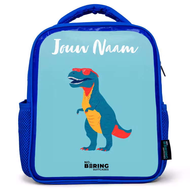 Kinderrugzak met naam - Blauw - Dino - Dier - Zonnebril — 1
