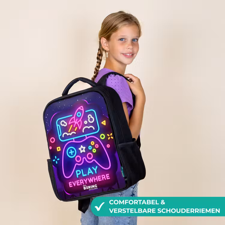 Kinderrugzak met naam - Zwart - Neonillustratie met een controller β 3