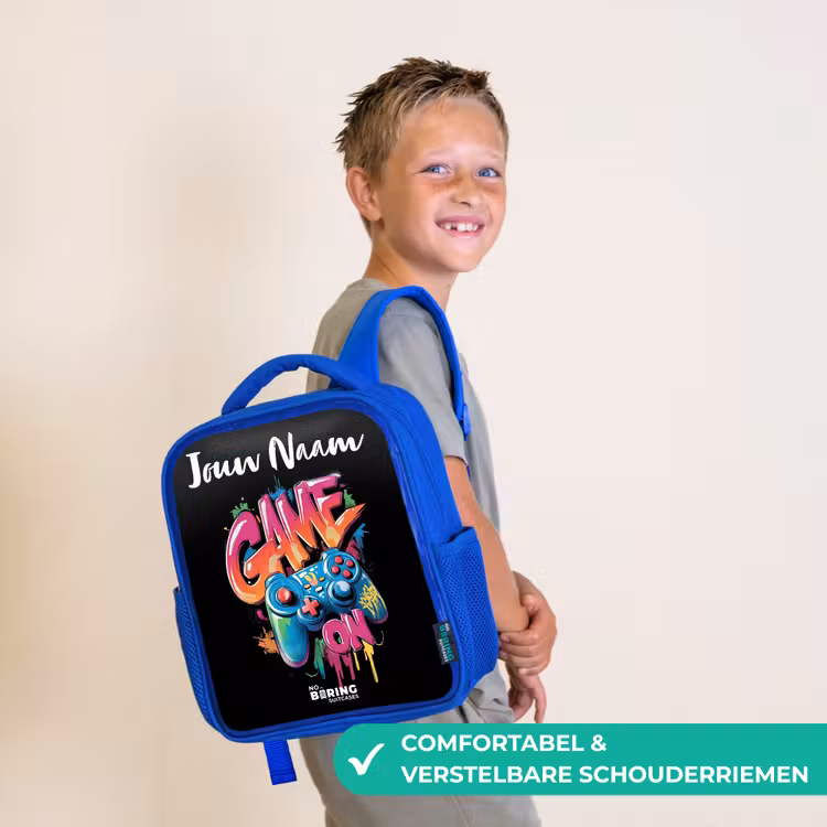 Kinderrugzak met naam - Blauw - Controller - Game - Graffiti - Tekst — 4